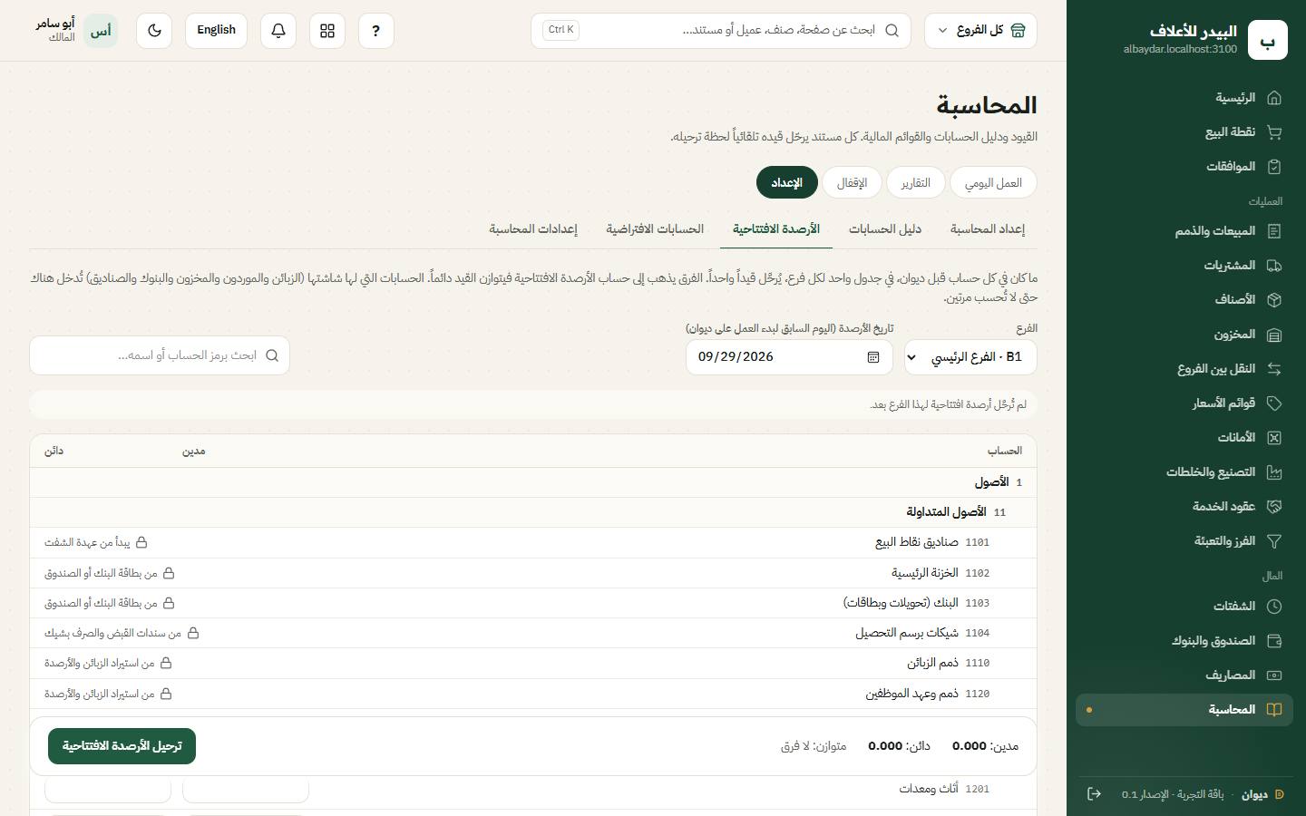جدول الأرصدة الافتتاحية
